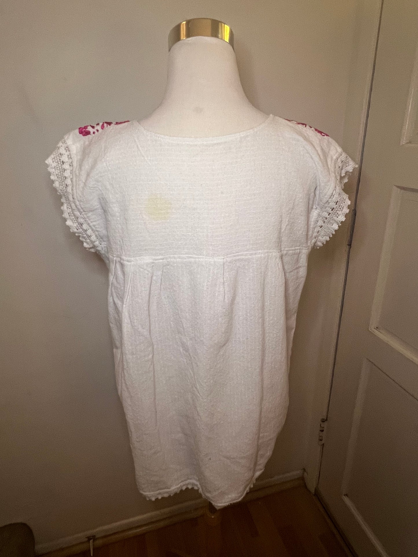 Vintage Mexican Floral Cotton Blouse in White and Pink