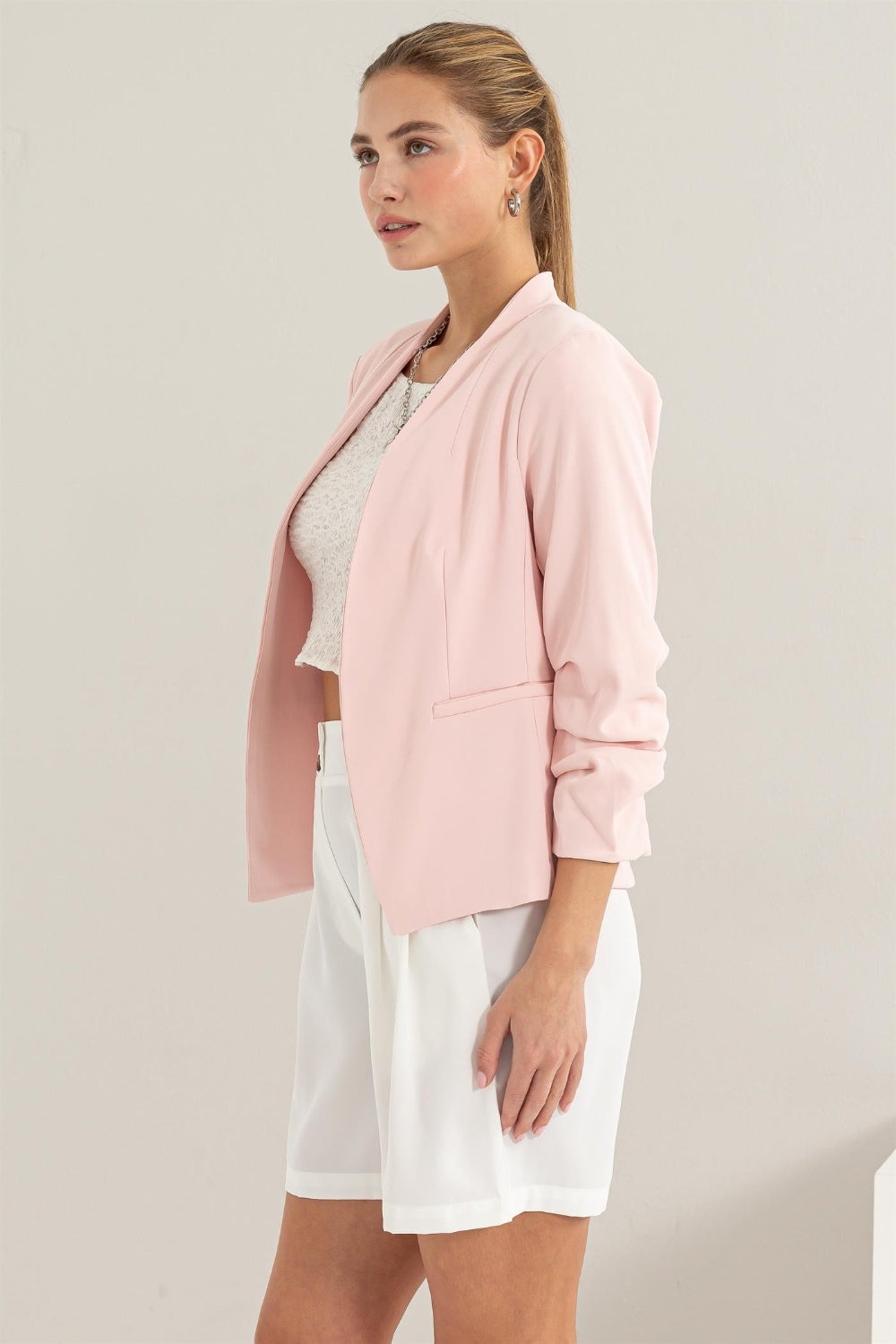 Blush Ruched Sleeve Blazer