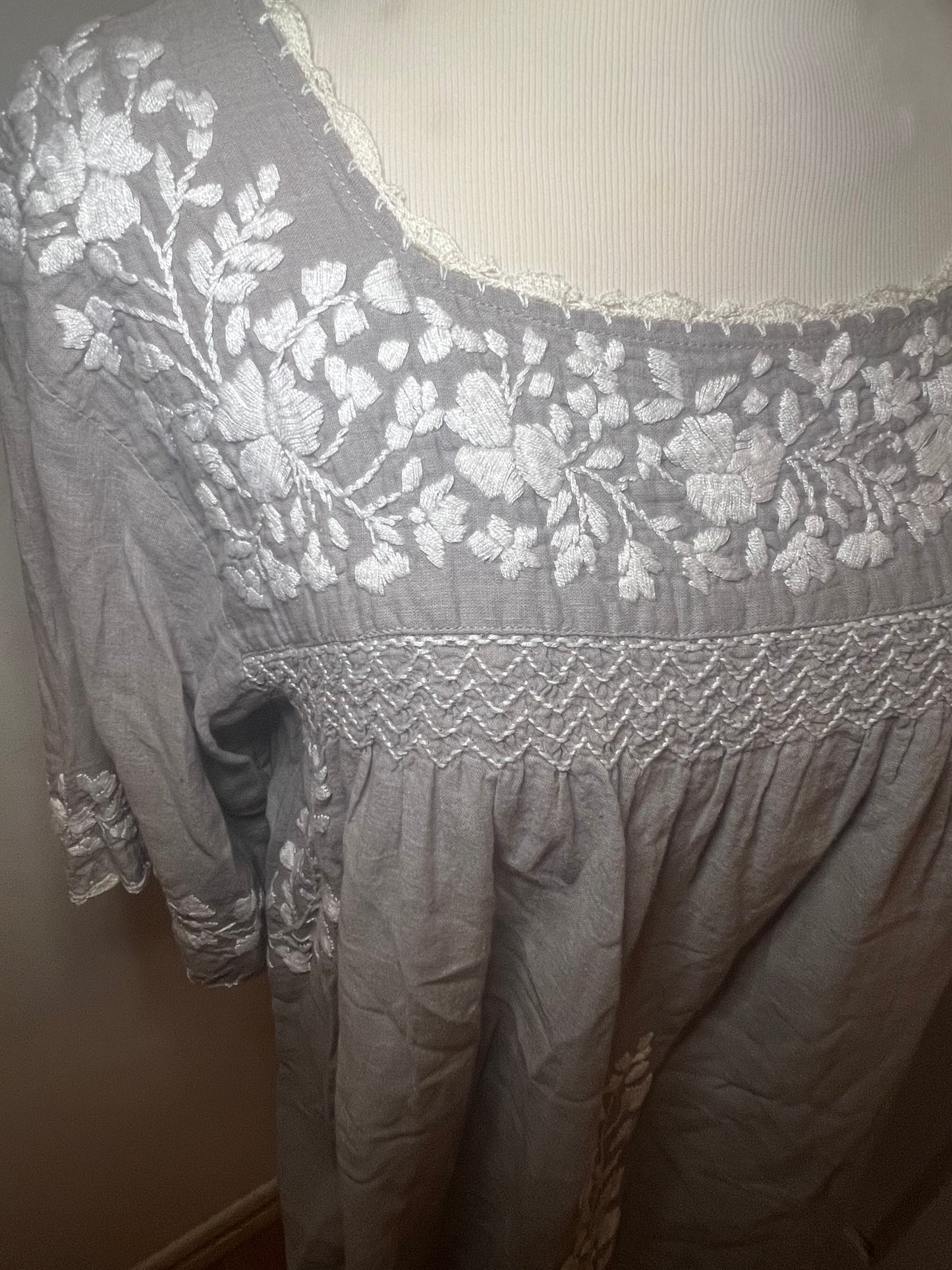 Grey Mexican Embroidered Blouse