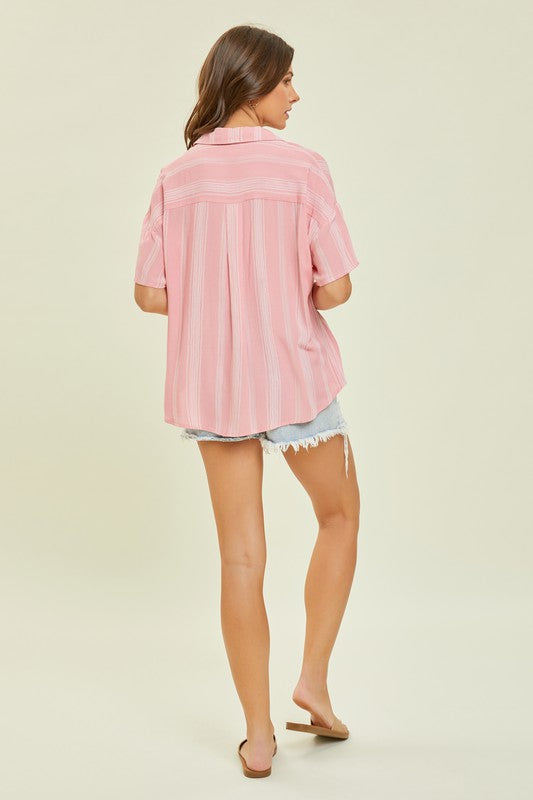 Airy Stripe Gauze Button Down Shirt in Pink