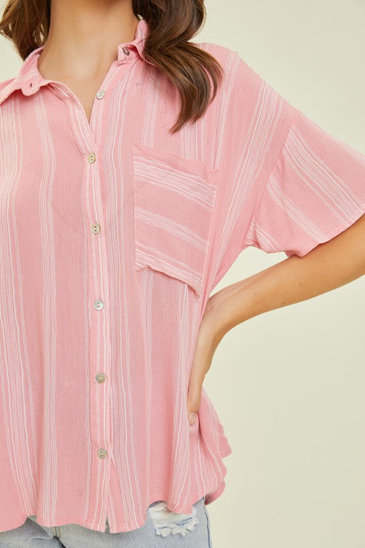 Airy Stripe Gauze Button Down Shirt in Pink