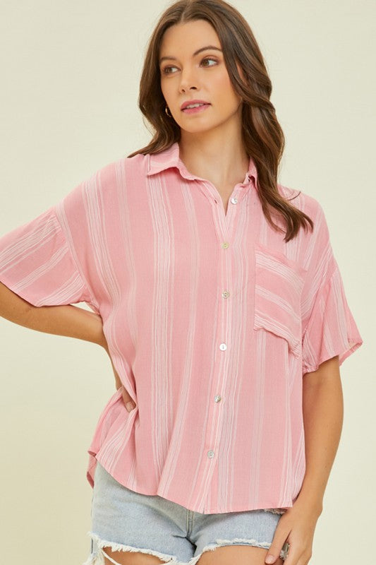 Airy Stripe Gauze Button Down Shirt in Pink