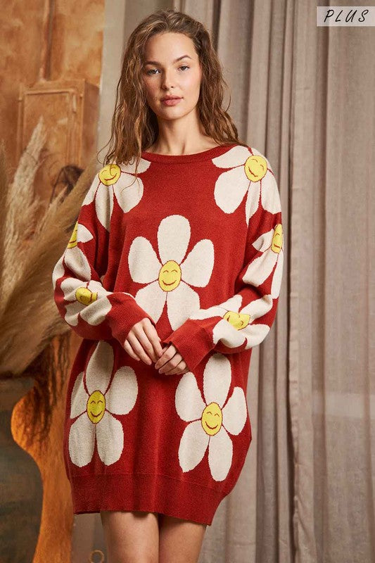 Plus - Happy Face Floral Sweater