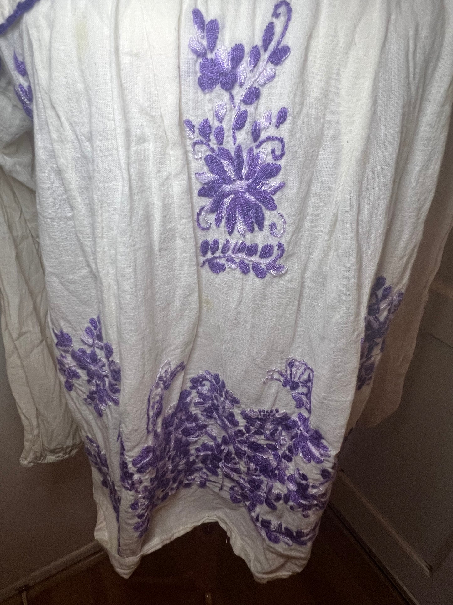 Cream & Purple Embroidered Floral Mexican Peasant Blouse
