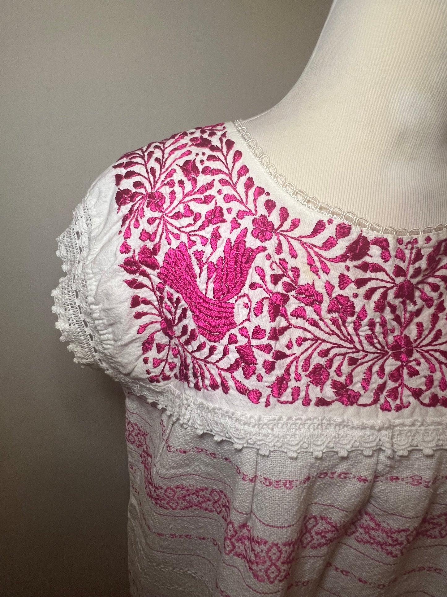 Vintage Mexican Floral Cotton Blouse in White and Pink