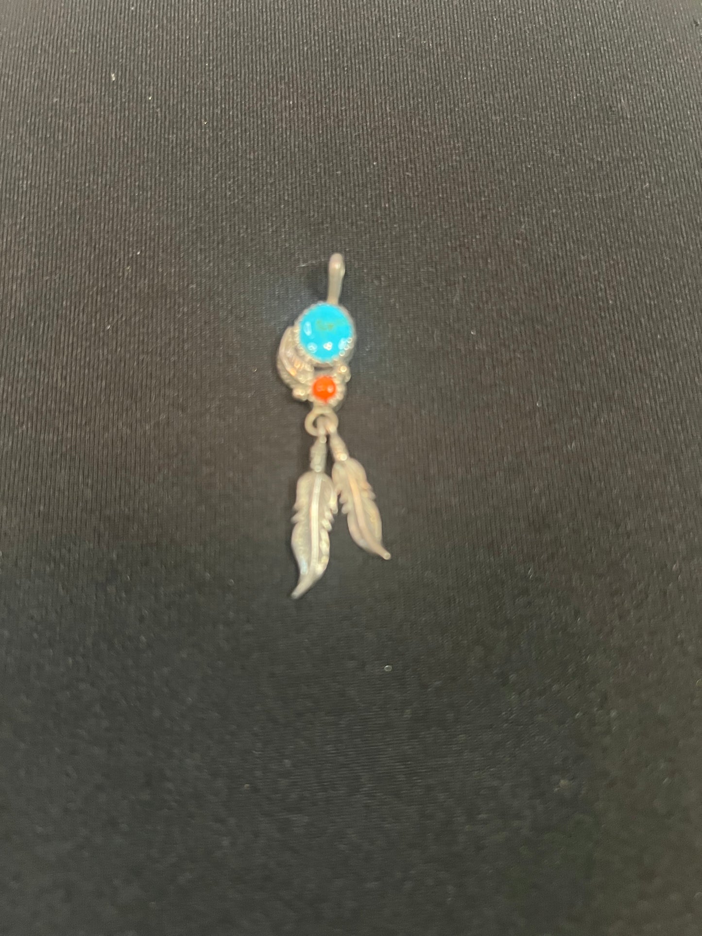 Vintage Turquoise and Coral Feather Pendant