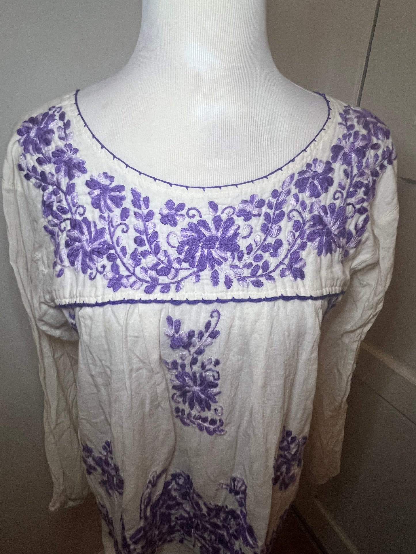 Cream & Purple Embroidered Floral Mexican Peasant Blouse