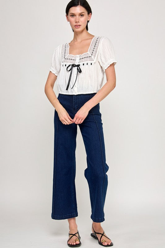 Dainty White Blouse with Black Ribbon