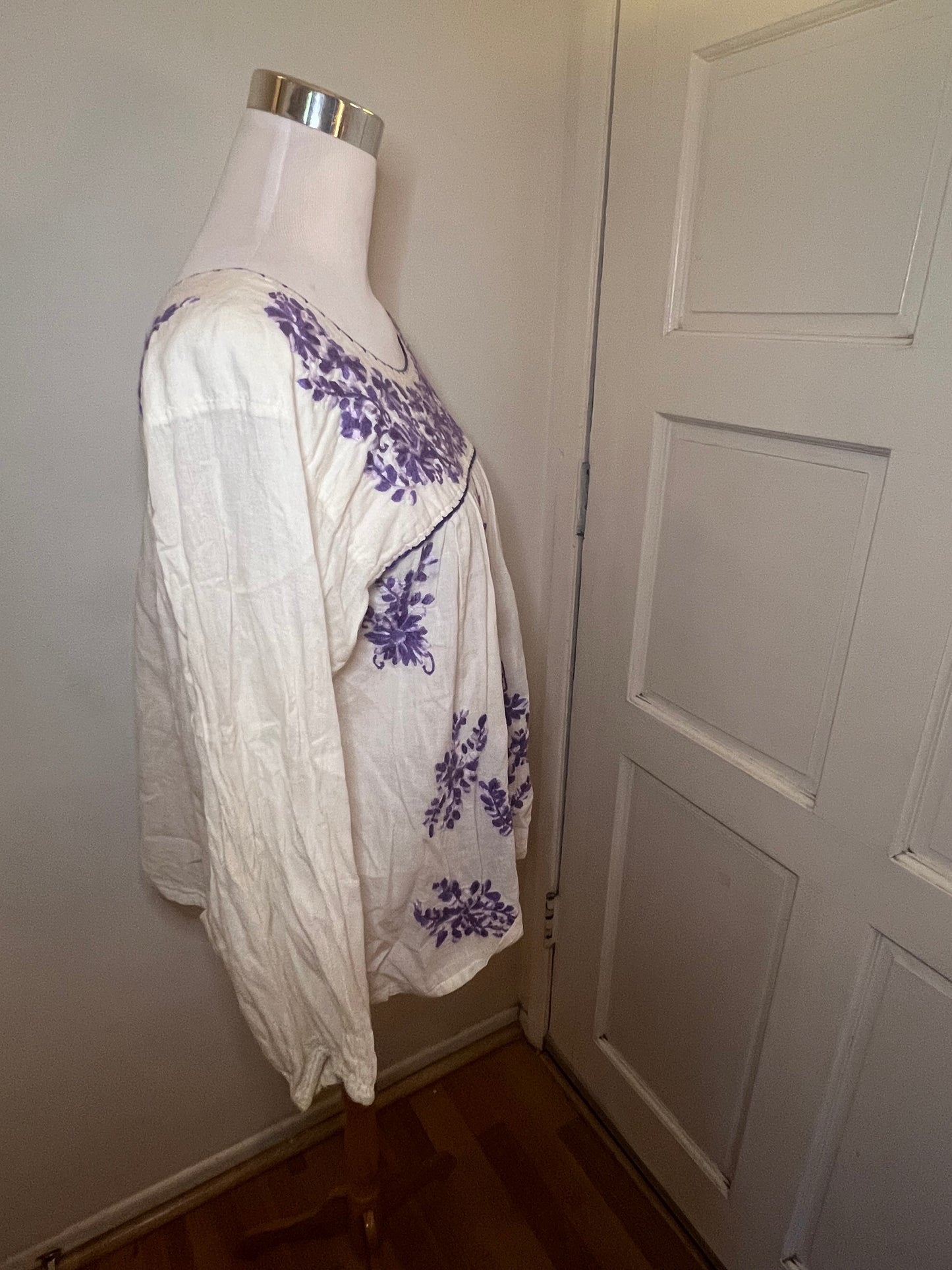 Cream & Purple Embroidered Floral Mexican Peasant Blouse