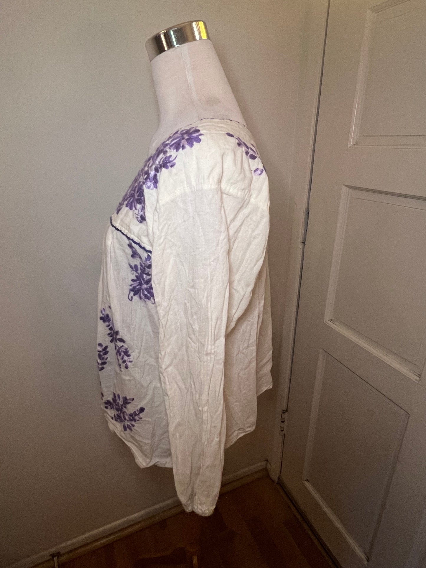 Cream & Purple Embroidered Floral Mexican Peasant Blouse