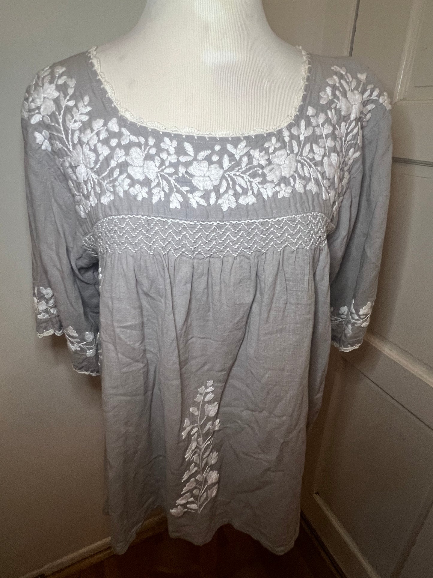 Grey Mexican Embroidered Blouse