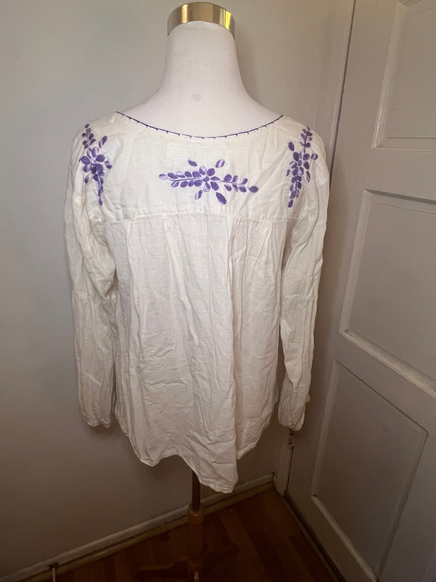 Cream & Purple Embroidered Floral Mexican Peasant Blouse