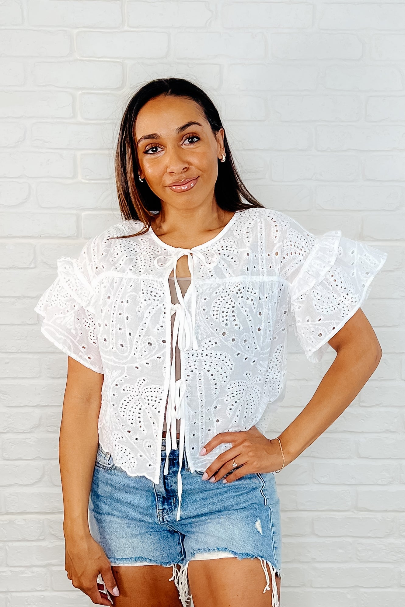 Eyelet Front Tie Top in Off White
