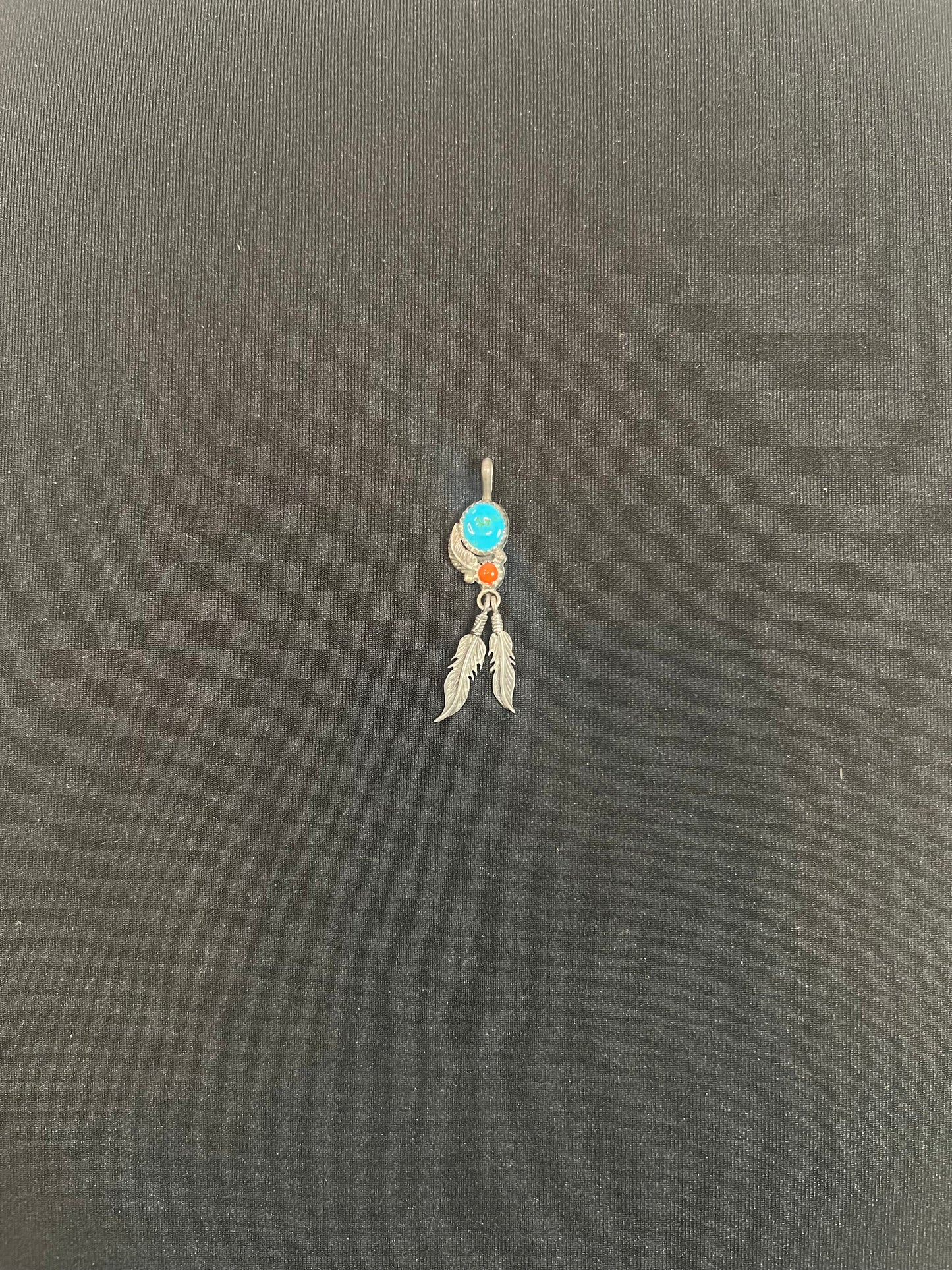 Vintage Turquoise and Coral Feather Pendant