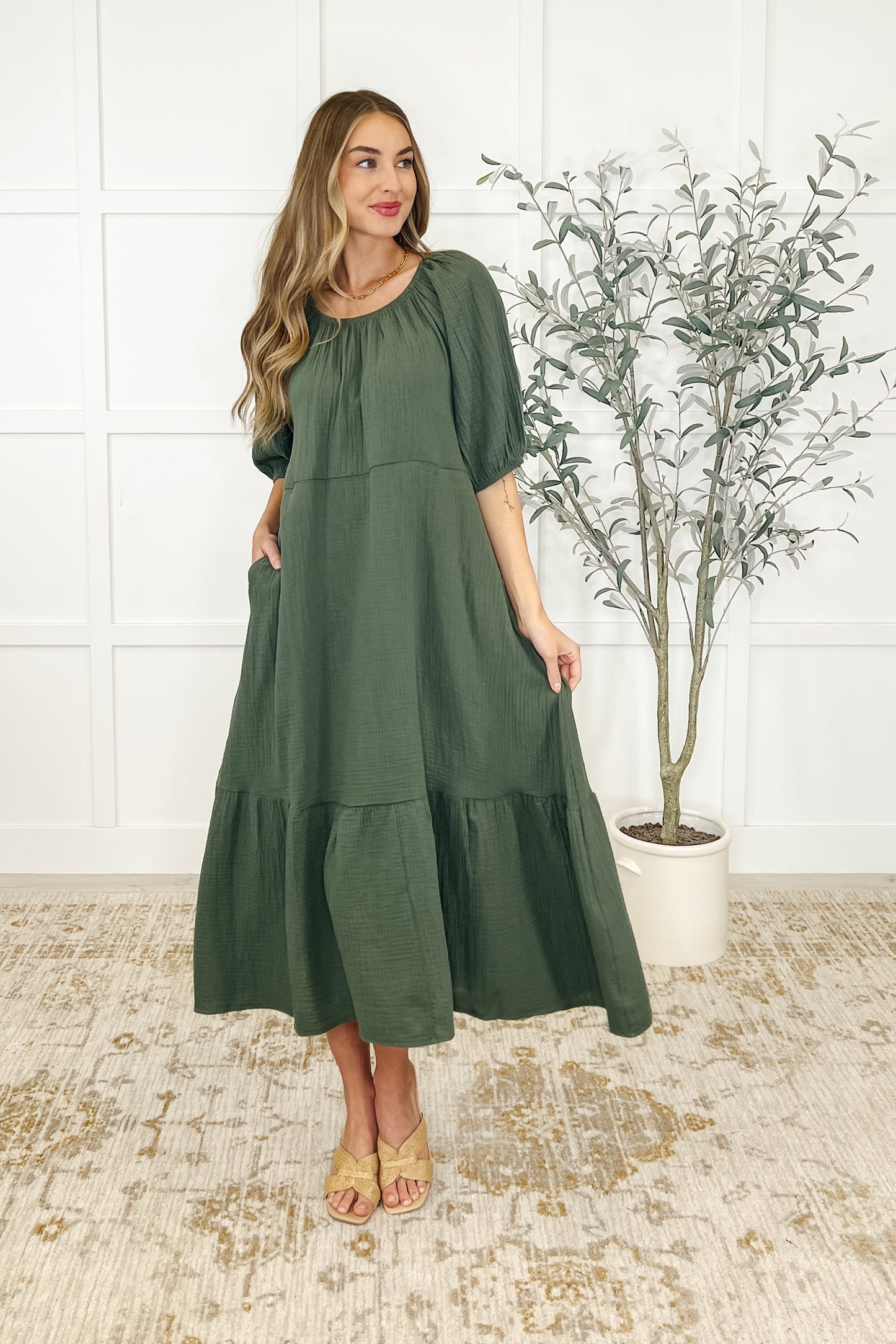 Dusty Pine Cotton Dress - Goes up to 4X