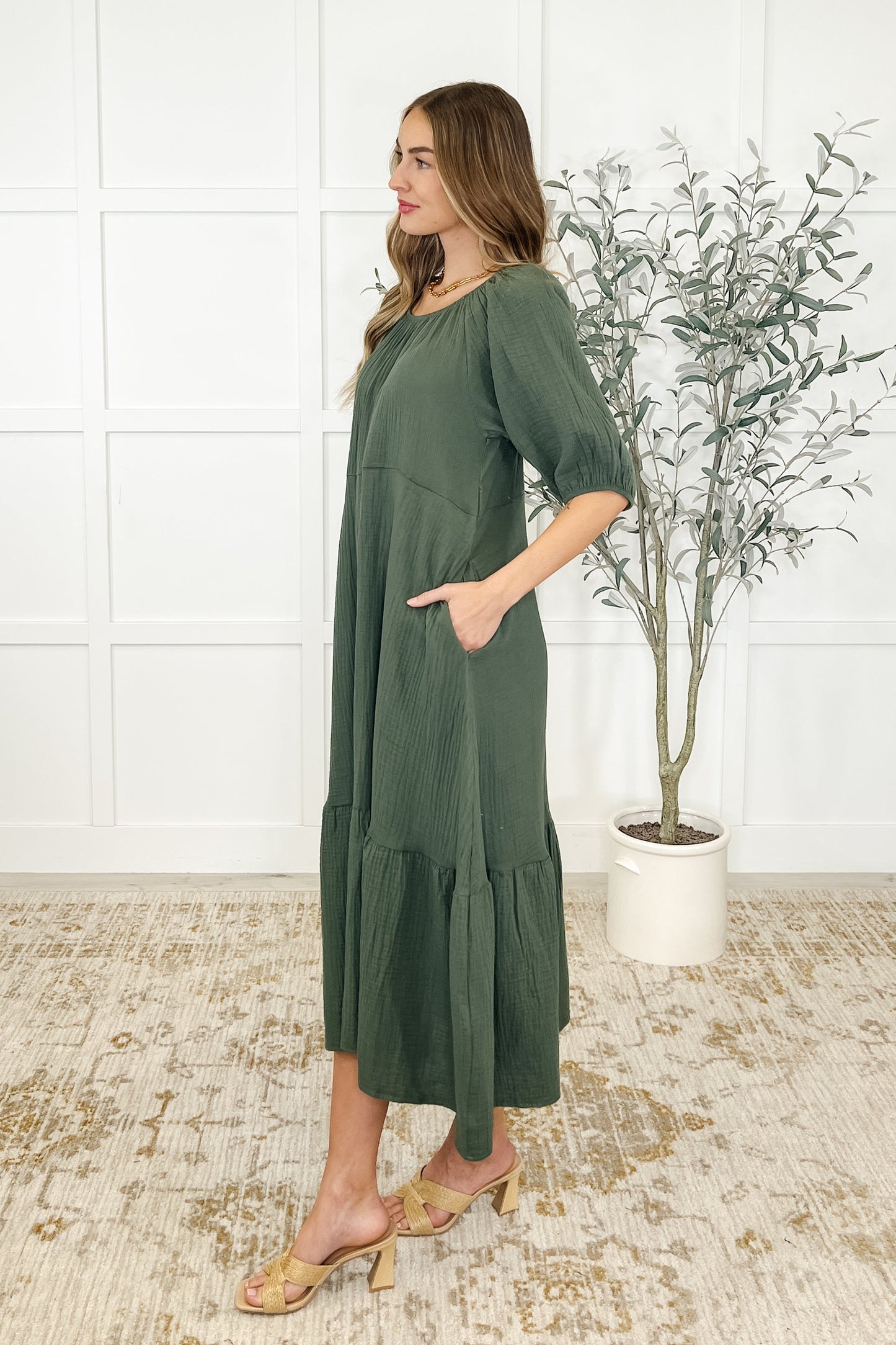 Dusty Pine Cotton Dress - Goes up to 4X