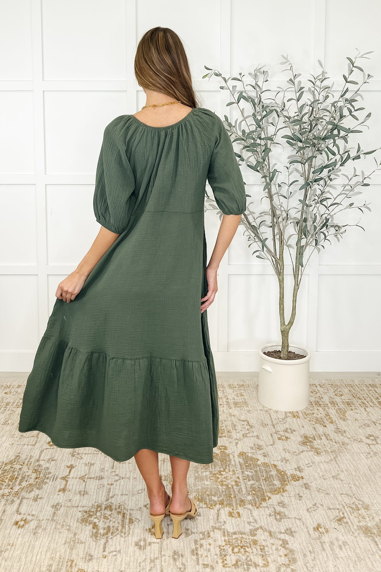 Dusty Pine Cotton Dress - Goes up to 4X
