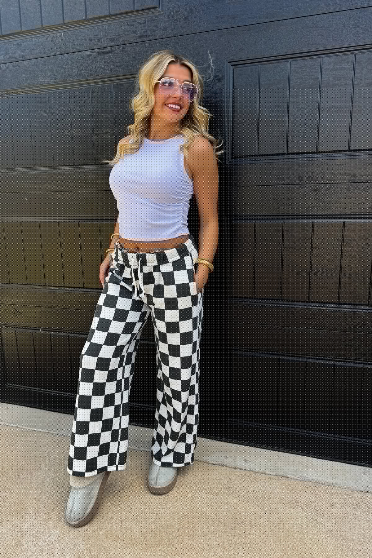 Checkered Wide Leg Pants in Black