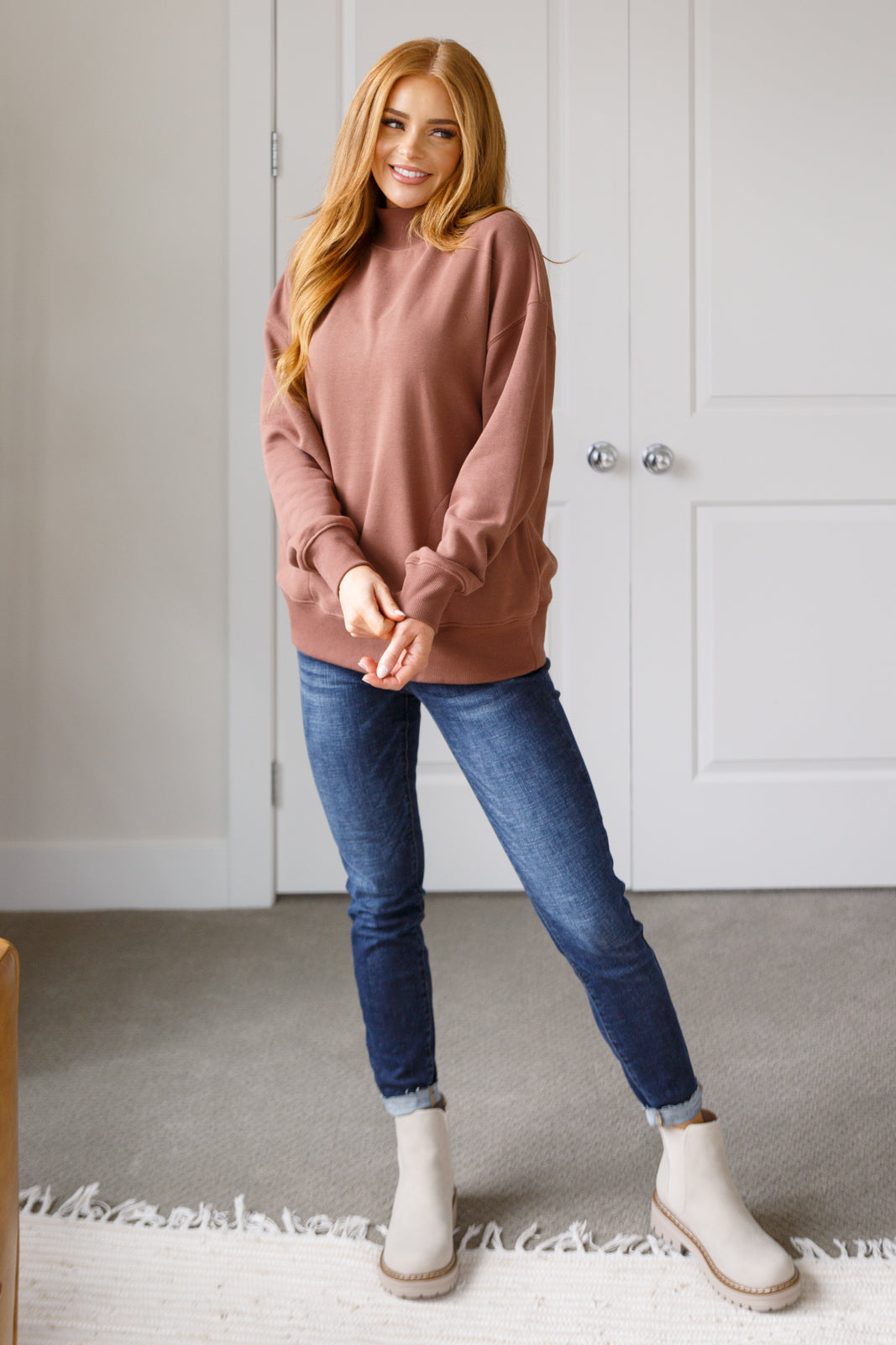 Mock Neck Pullover in Cocoa
