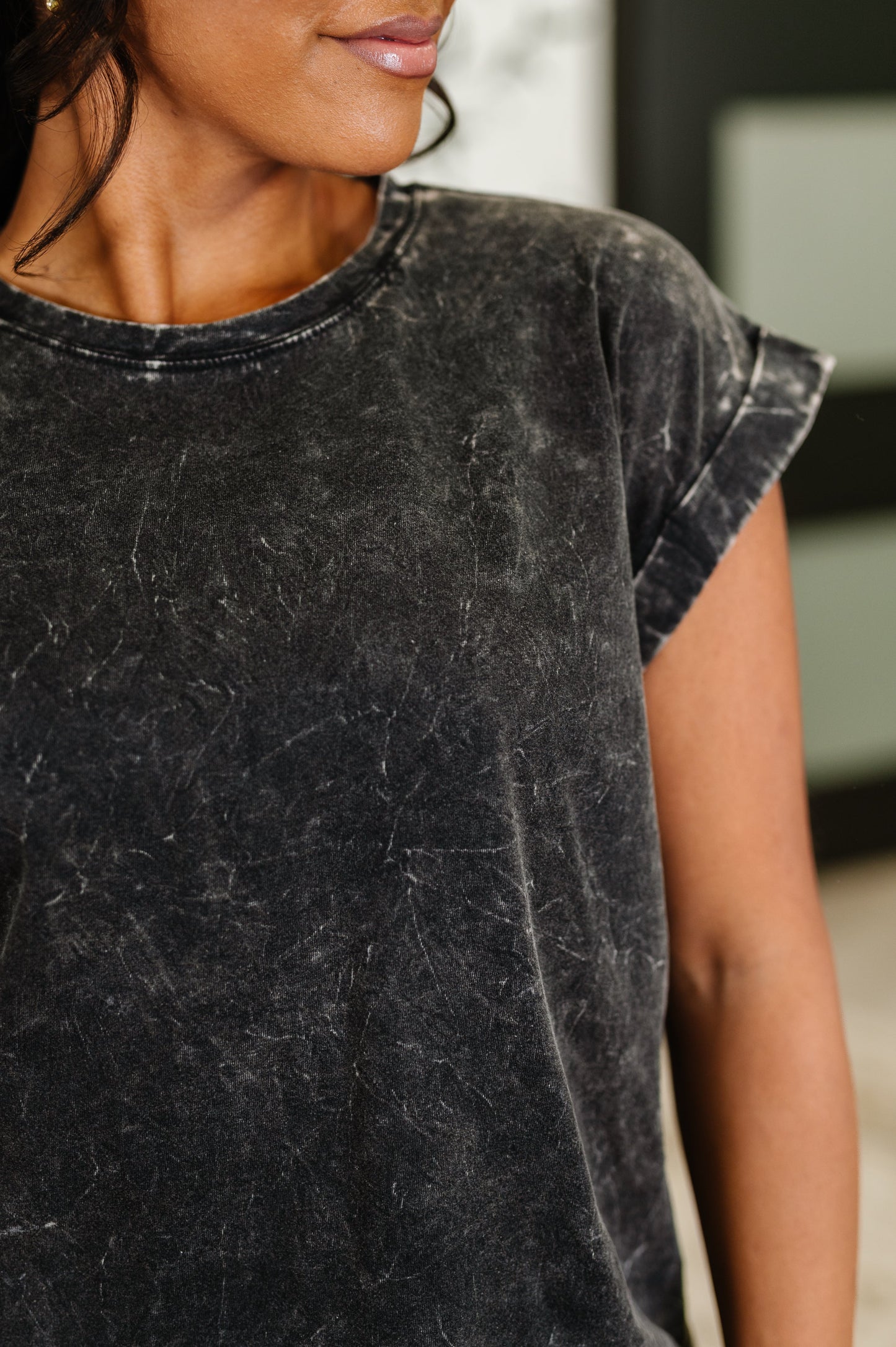 Basics Mineral Wash Cotton Tee in Ash Black