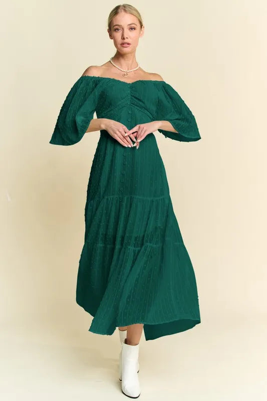 Montret Davi & Dani Swiss Dotted Ruched Ruffle Open Back Midi Dress Forest Green / L Montret Davi & Dani Swiss Dotted Ruched Ruffle Open Back Midi Dress Forest Green / L