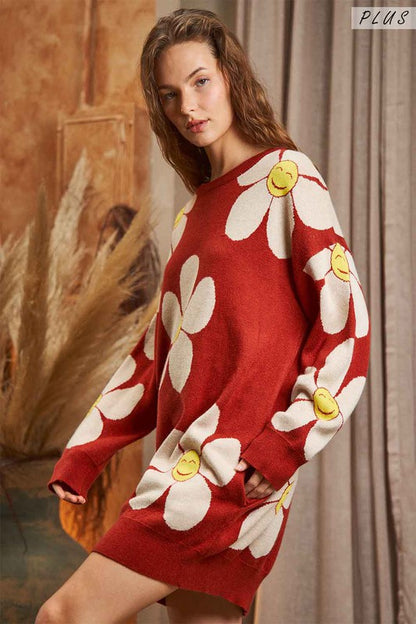 Plus - Happy Face Floral Sweater