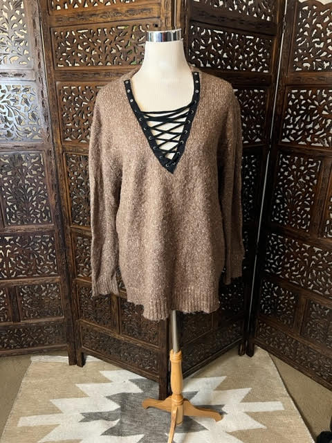 Amber Moon Revival: Lace Up Sweater in Mocha