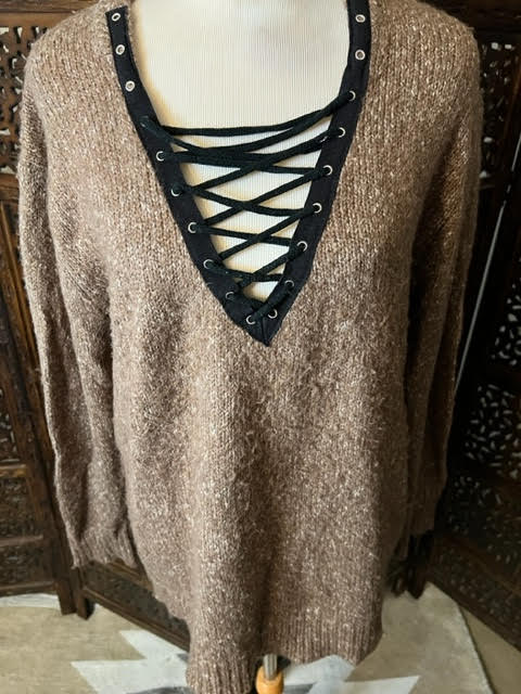 Amber Moon Revival: Lace Up Sweater in Mocha