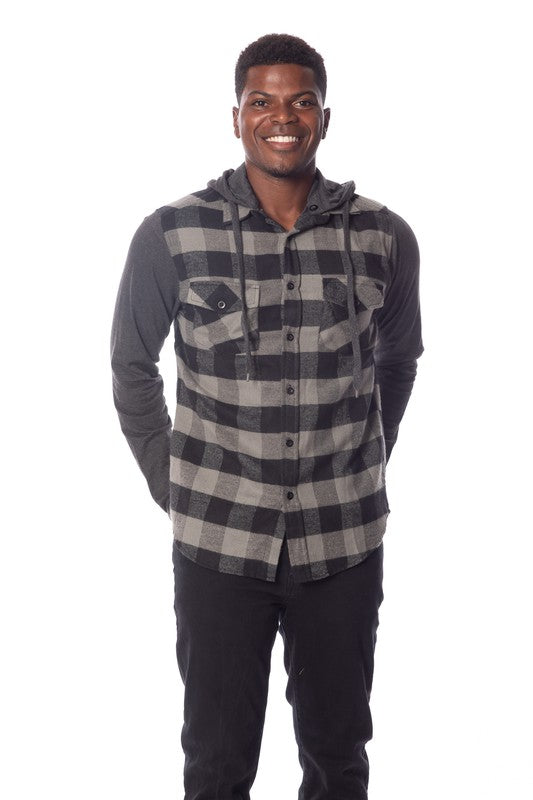 Men's Flannel Hoodie in Charcoal/Black