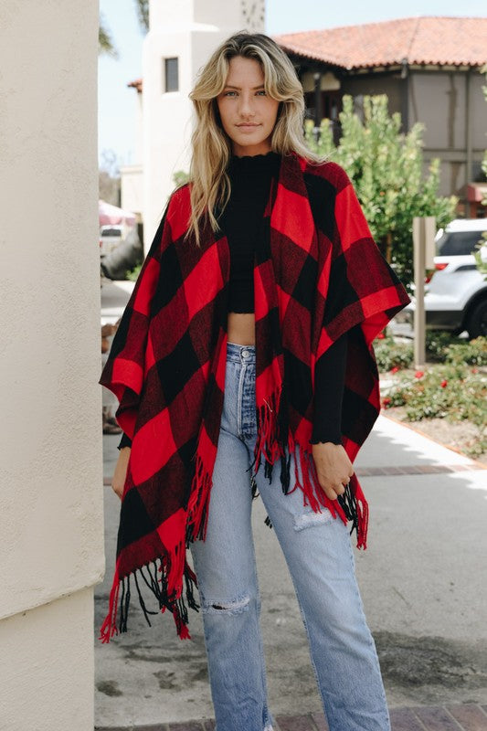 Buffalo Plaid Tassel Poncho