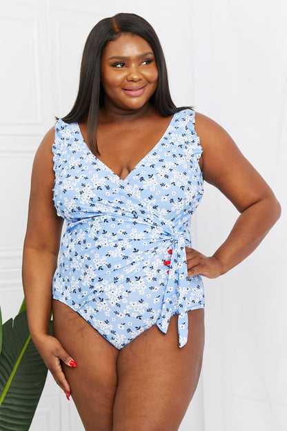 Ruffle Faux Wrap One-Piece in Blossom Blue