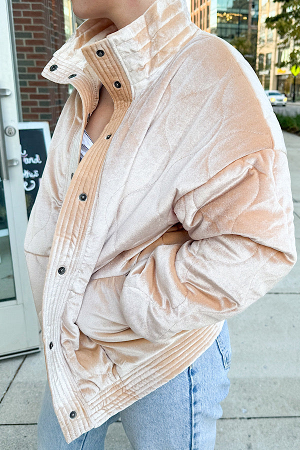 Velvet Puffer Jacket in Tan