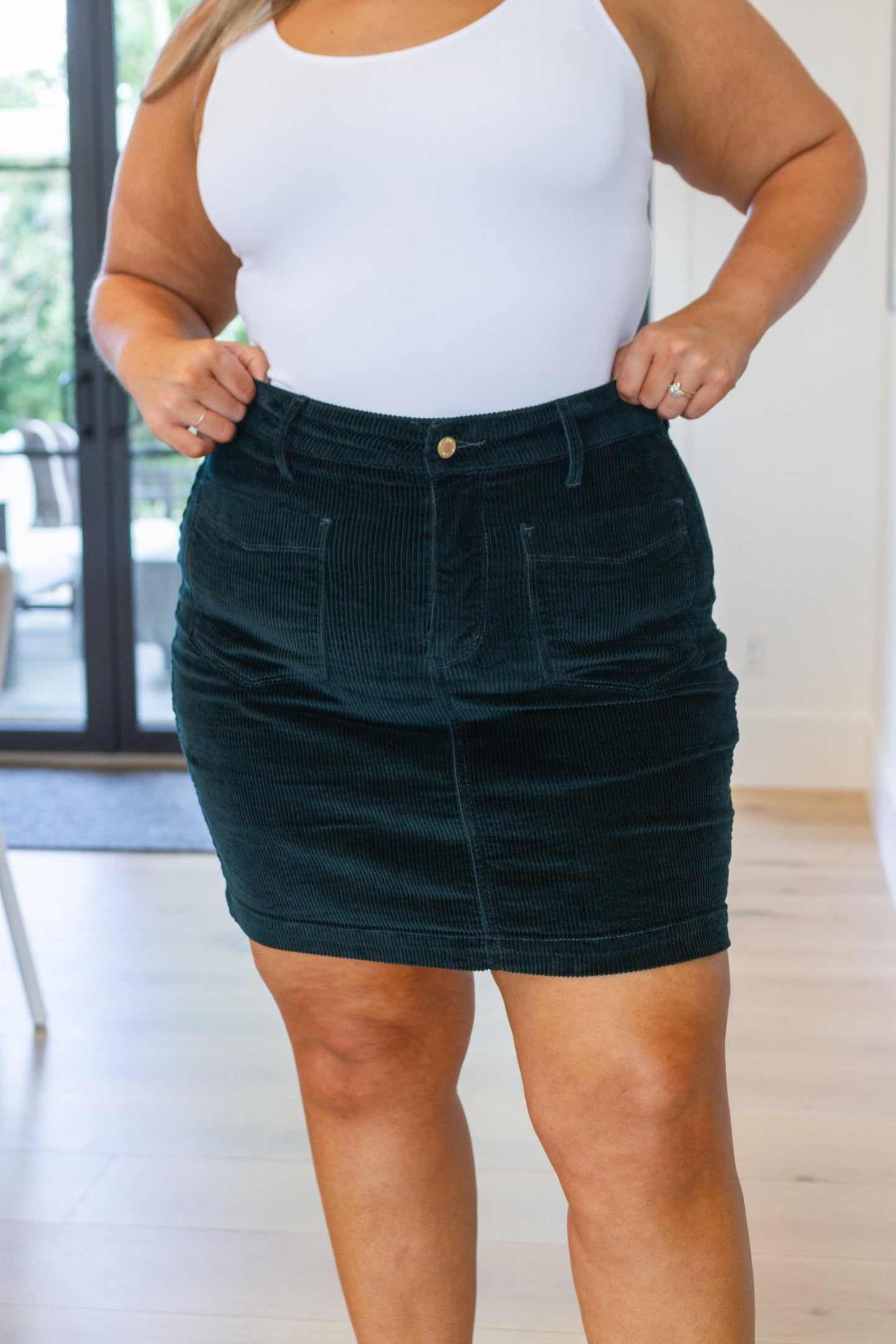 Corduroy Patch Pocket Skirt in Emerald