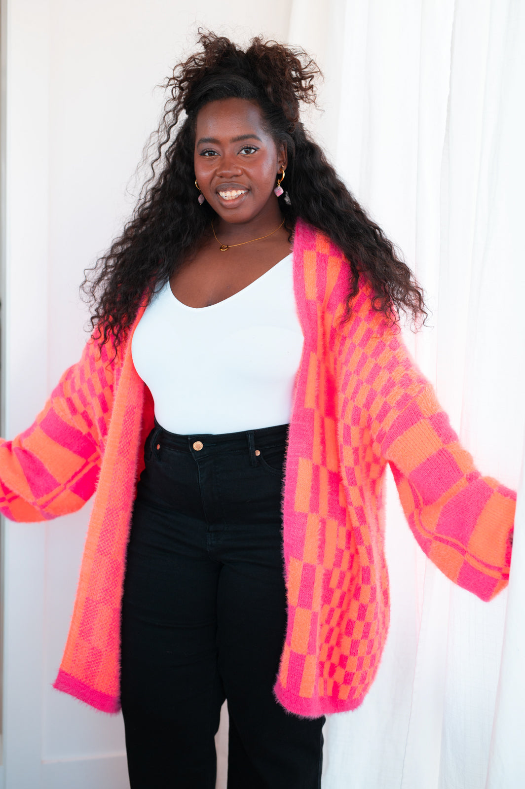 Neon Checkered Cardigan in Pink and Orange