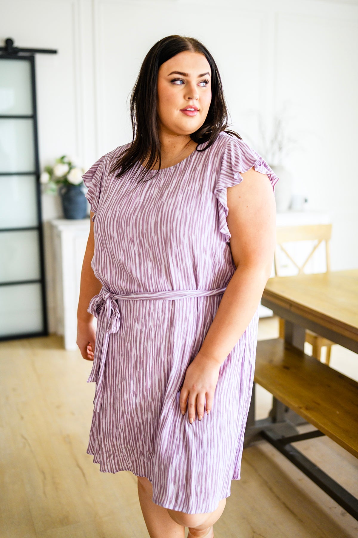 Purple Striped Flutter Sleeve Dress
