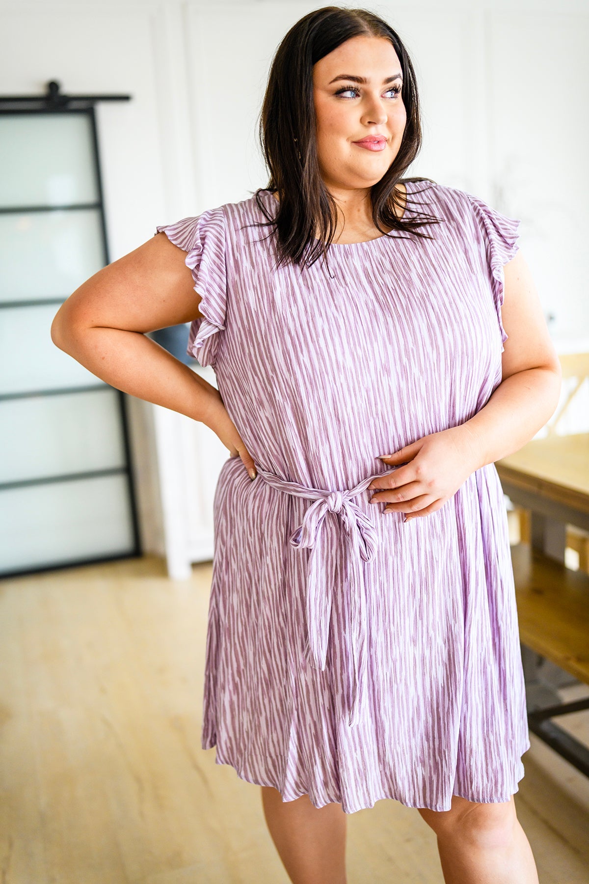 Purple Striped Flutter Sleeve Dress