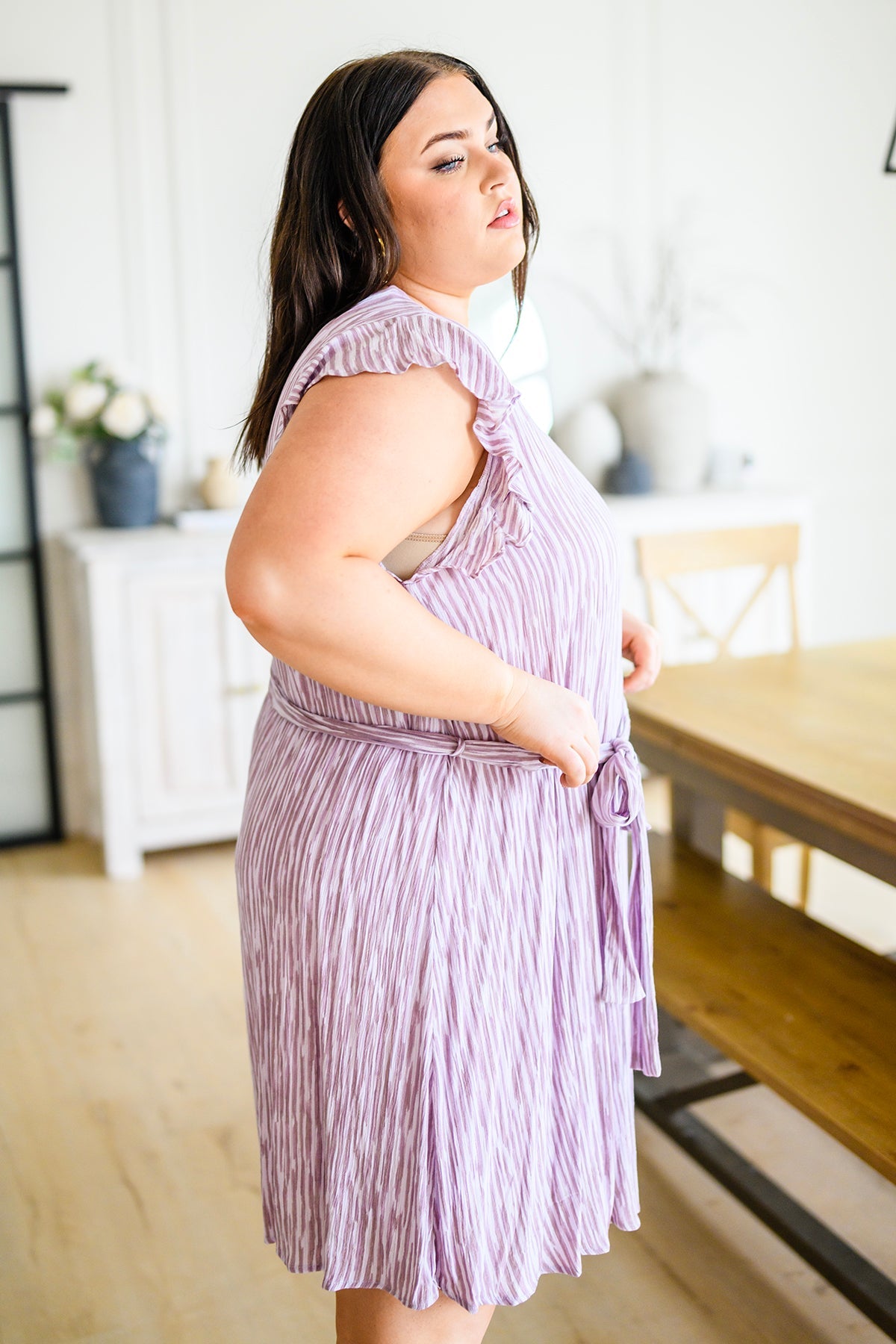 Purple Striped Flutter Sleeve Dress