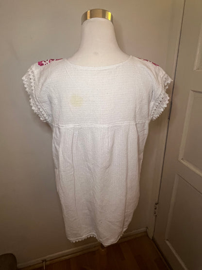 Vintage Mexican Floral Cotton Blouse in White and Pink