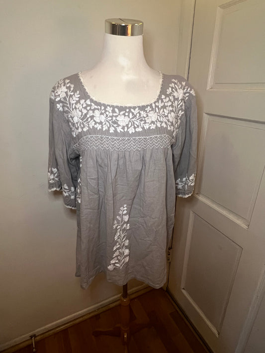 Grey Mexican Embroidered Blouse