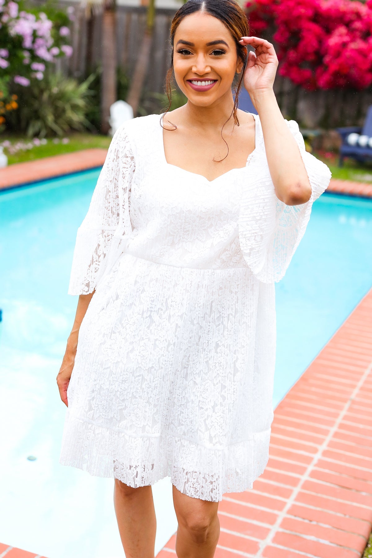 Diva Dreams White Pleated Lace Dress