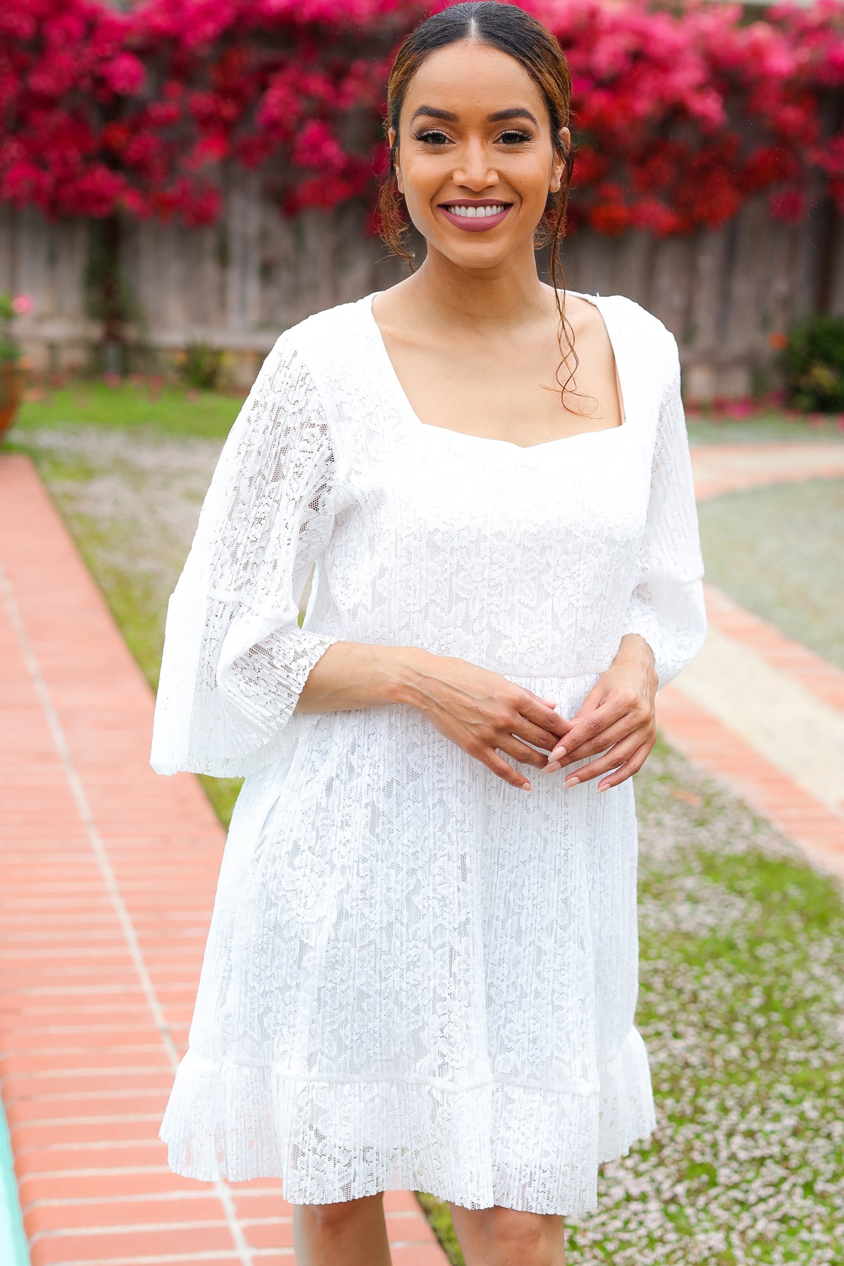Diva Dreams White Pleated Lace Dress