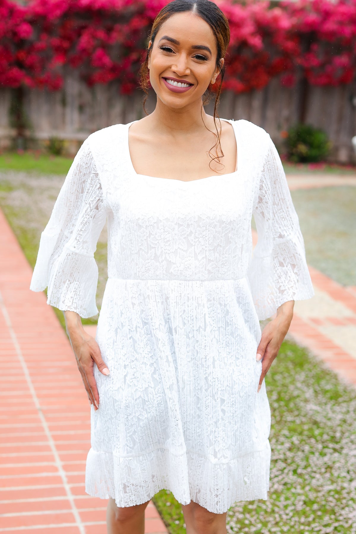 Diva Dreams White Pleated Lace Dress