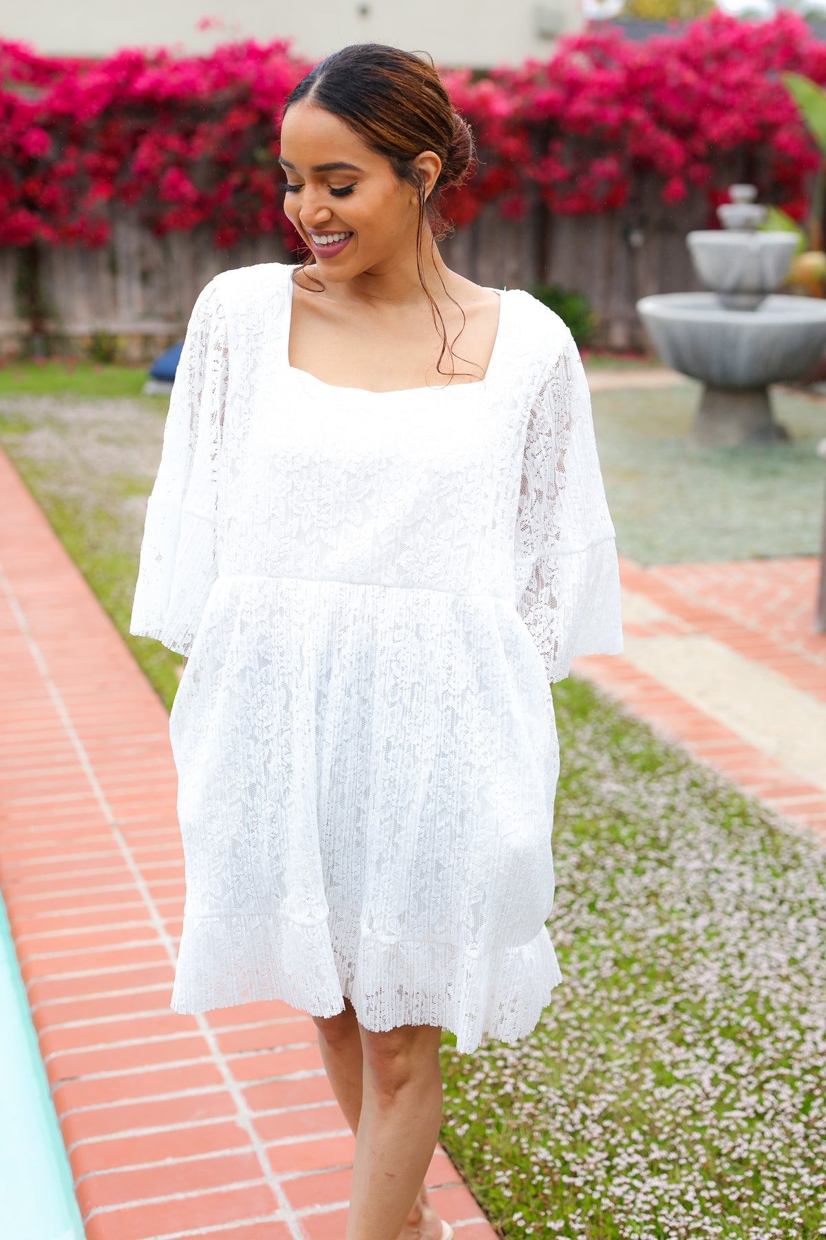 Diva Dreams White Pleated Lace Dress