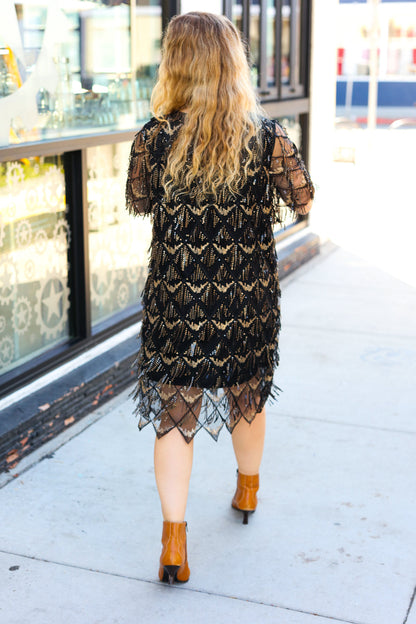 Black & Gold Sequin Fringe Dress