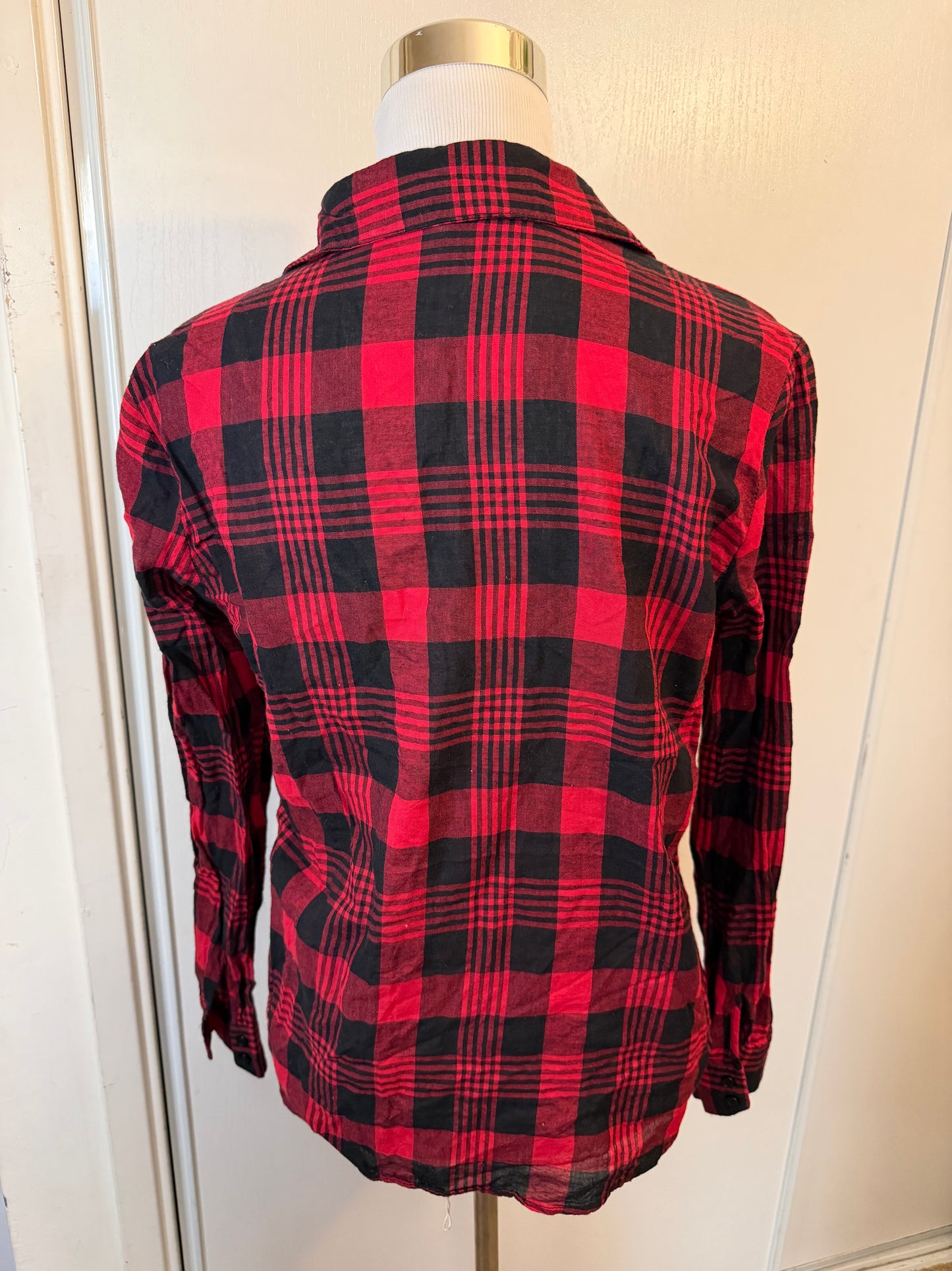 Amber Moon Revival: 100% Cotton Red & Black Plaid Button Down