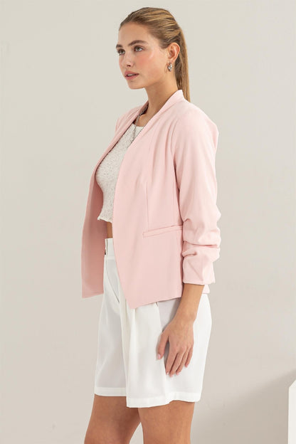 Blush Ruched Sleeve Blazer