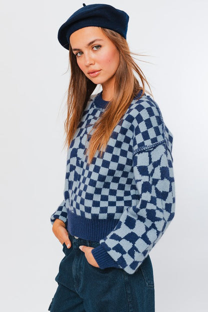 Long Sleeve Checkerboard Sweater