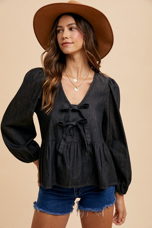 Bow Babydoll Denim Top in Black