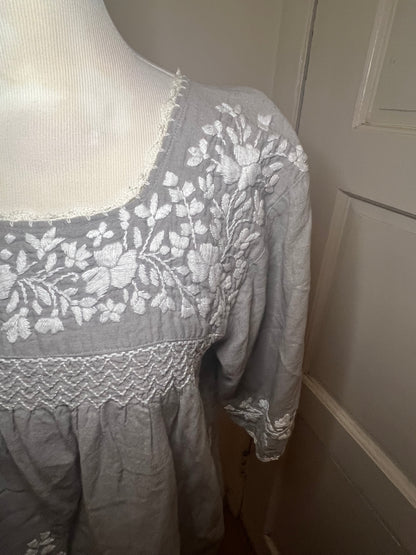 Grey Mexican Embroidered Blouse