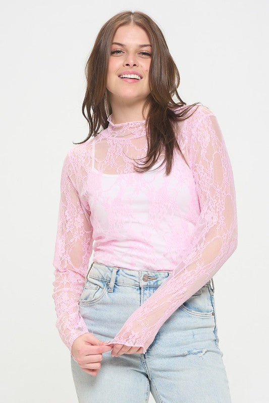 PLUS - Mock Neck Lace Mesh Top